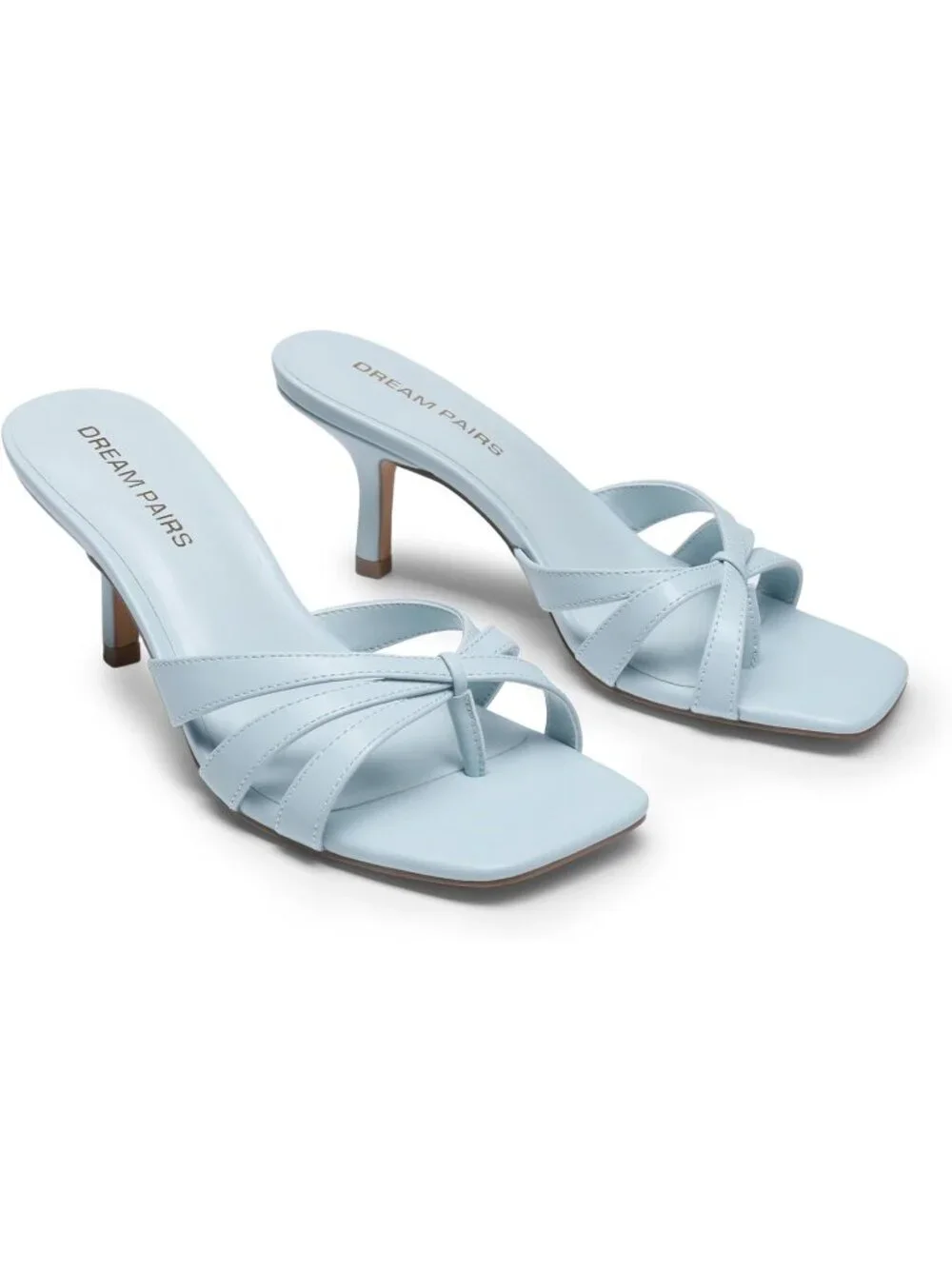 Women's Light Blue Faux Leather Square Open Toe Thong Mules Strappy Kitten Heels